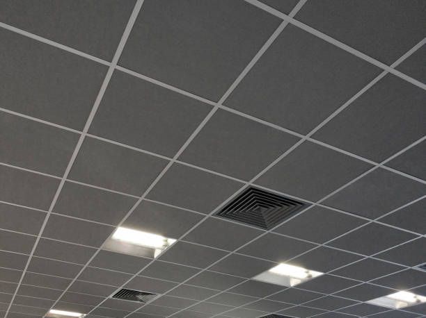 View of air conditioning and ceiling lights, showcasing acoustic ceiling design and layout.