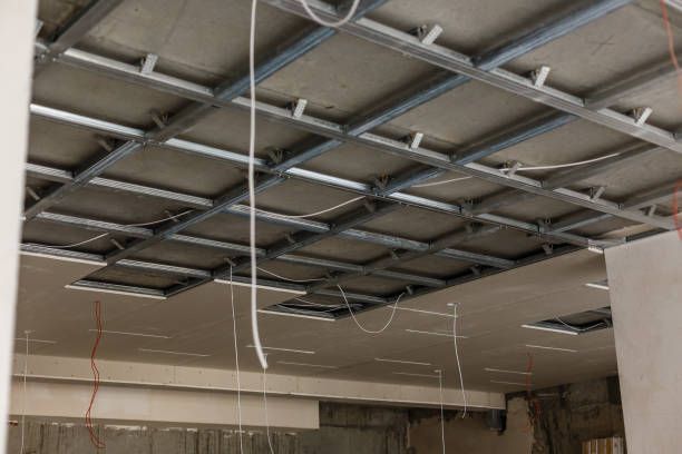 Ceiling installation in progress, highlighting acoustic ceiling for commercial property projects.
