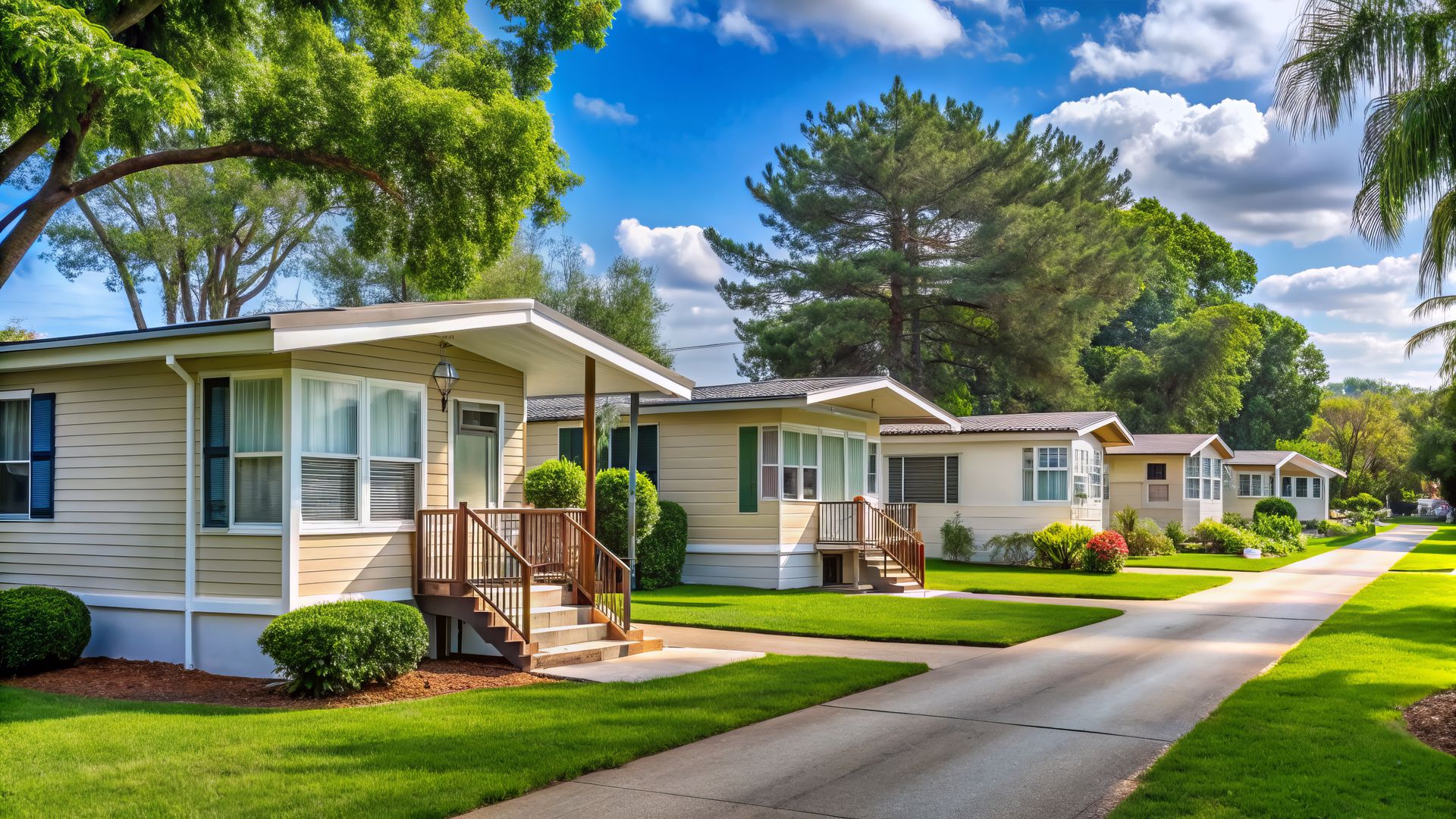 Row of cream-colored mobile homes with green lawns, driveway, and trees under a bright blue sky.