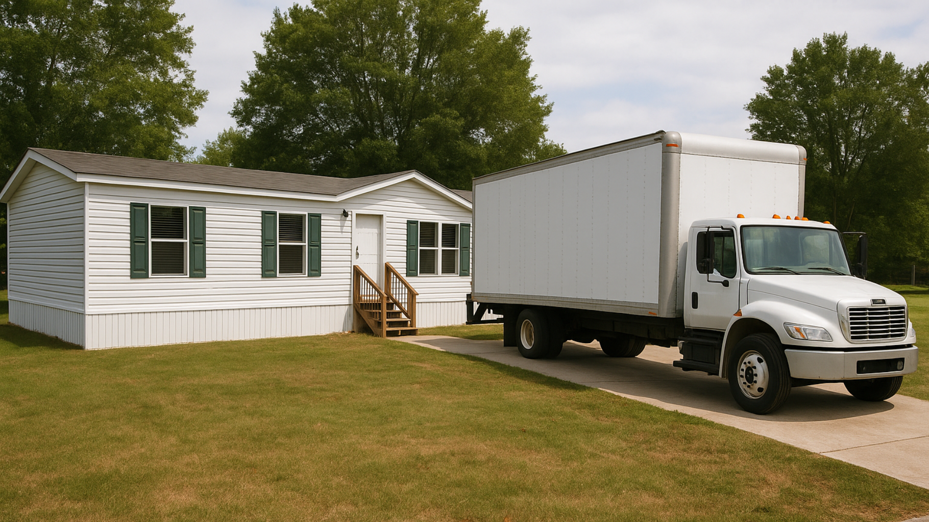 White moving truck parked in front of a white mobile home on a grassy lawn.