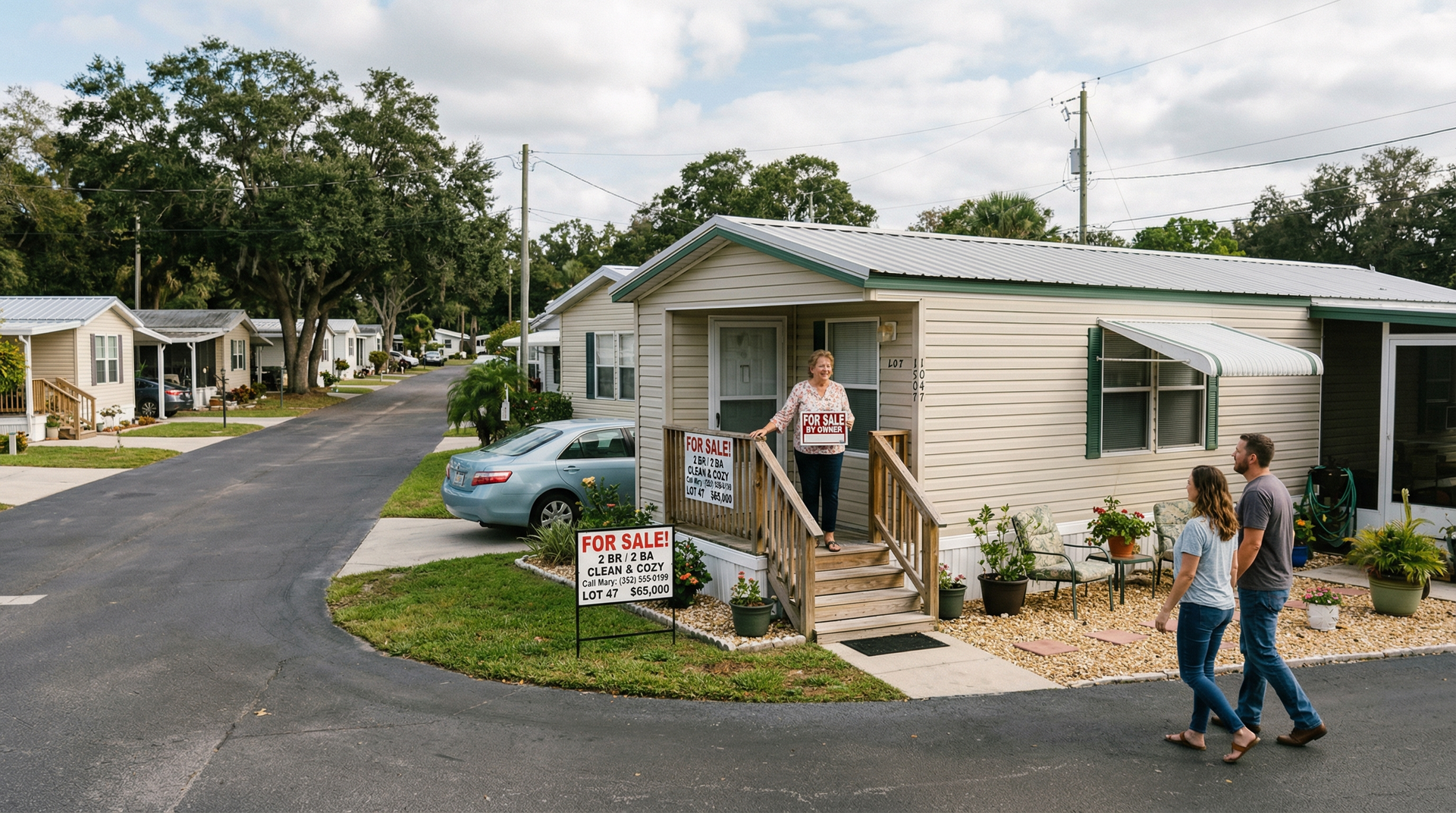 A person stands on the porch of a mobile home while two people walk nearby on a paved street in a residential community.