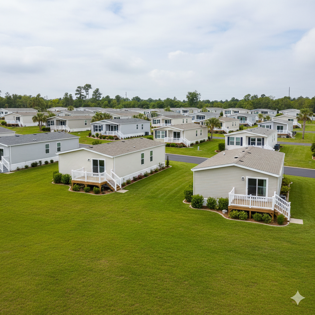 Aerial view of a mobile home park with many light-colored homes on green lawns under a cloudy sky.