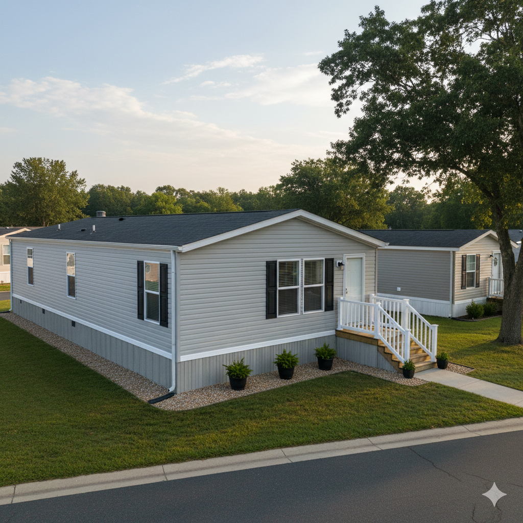 Gray mobile home with black shutters, white door, and small front steps, set on a green lawn.