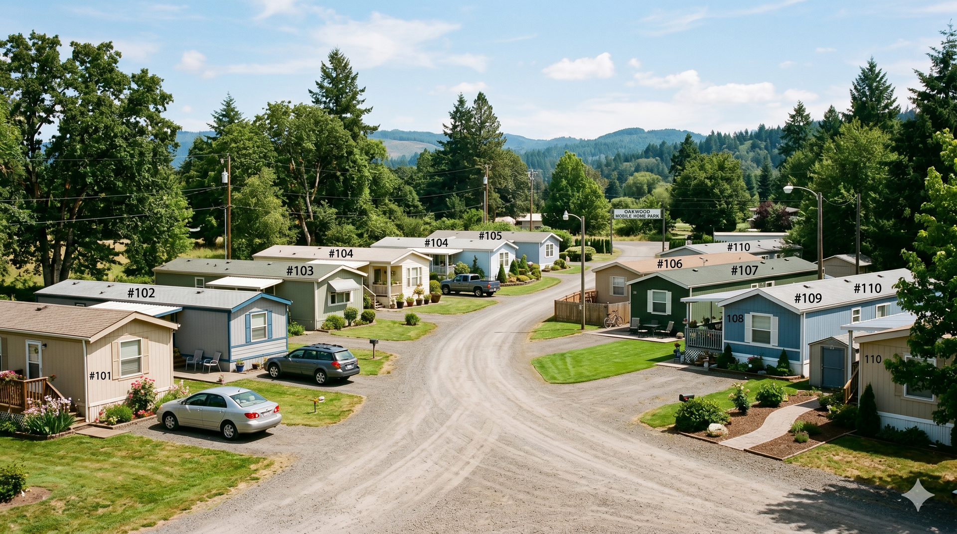 Curving gravel road through a tree-lined RV park with mobile homes and parked cars under a clear sky