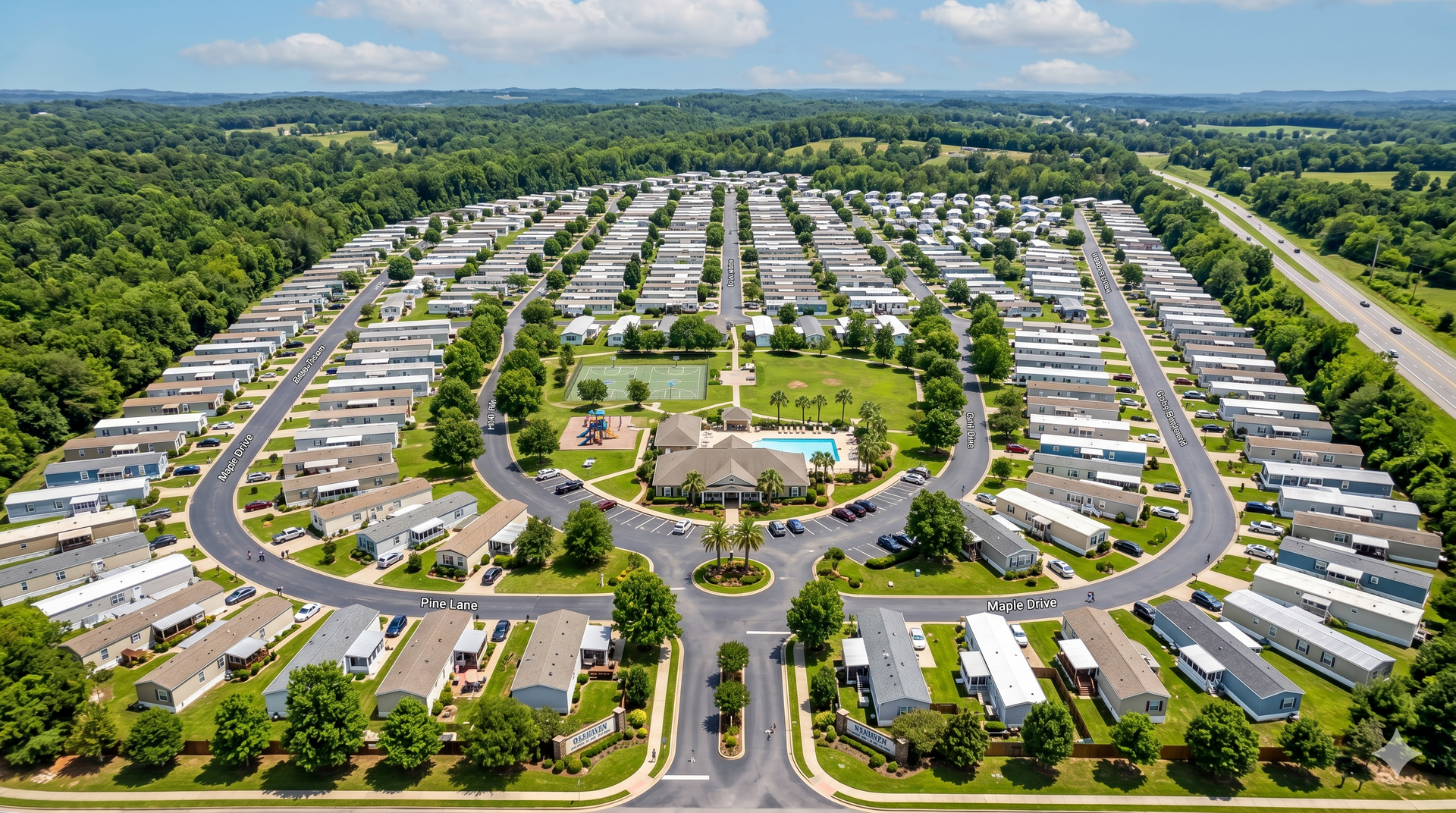 Aerial view of a large circular housing community with rows of white homes and green trees surrounding a central park.