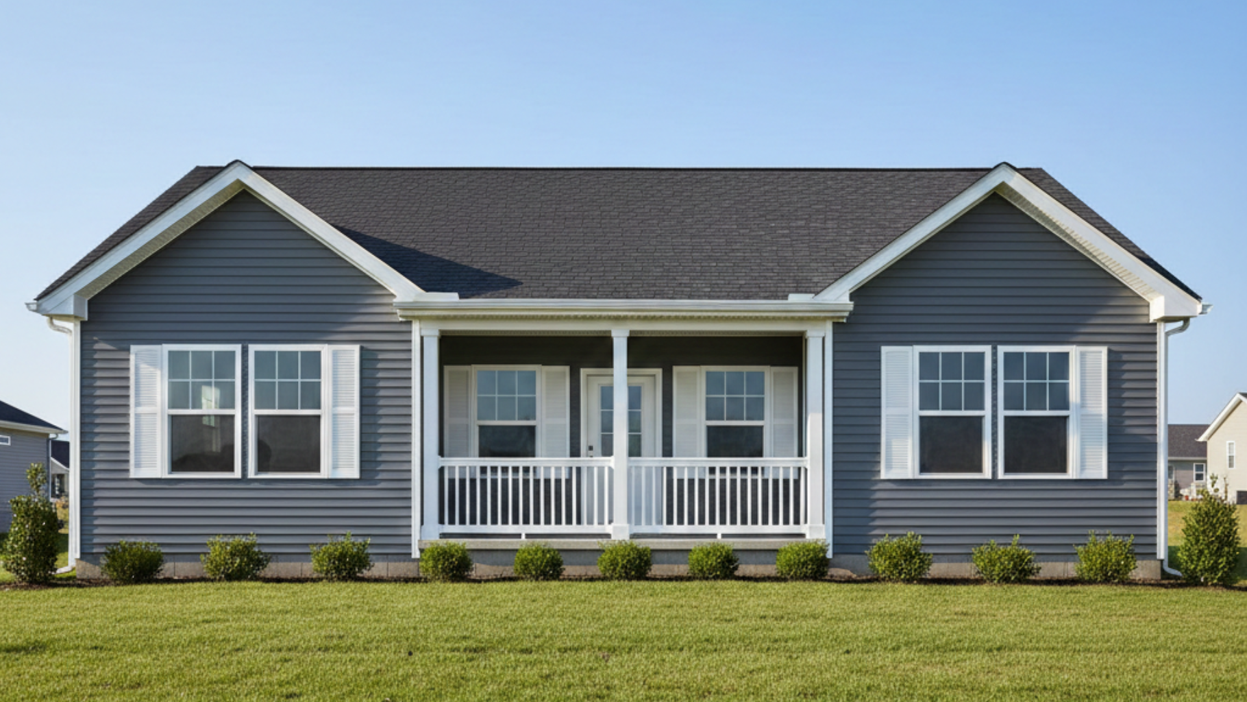 Blue-gray house with white porch and shutters, set against a blue sky, with a green lawn.