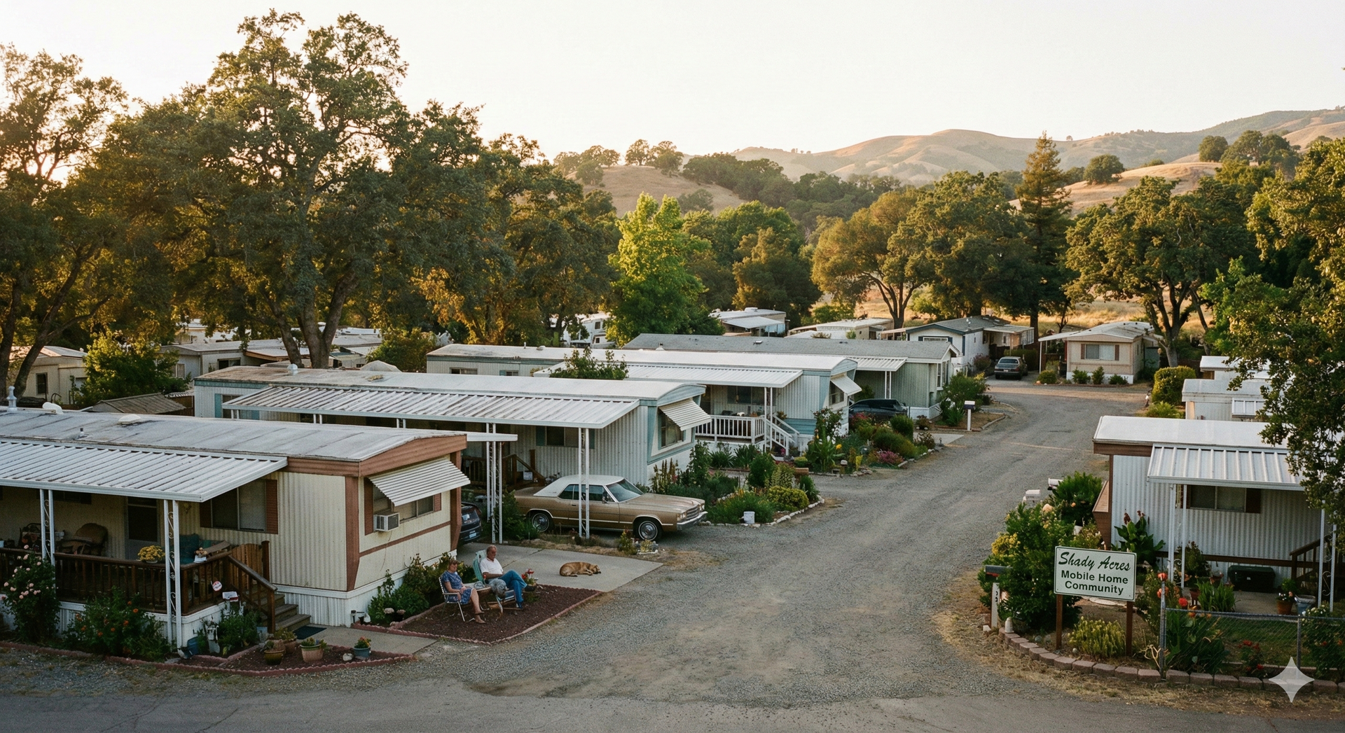 Mobile home park nestled among trees and hills.