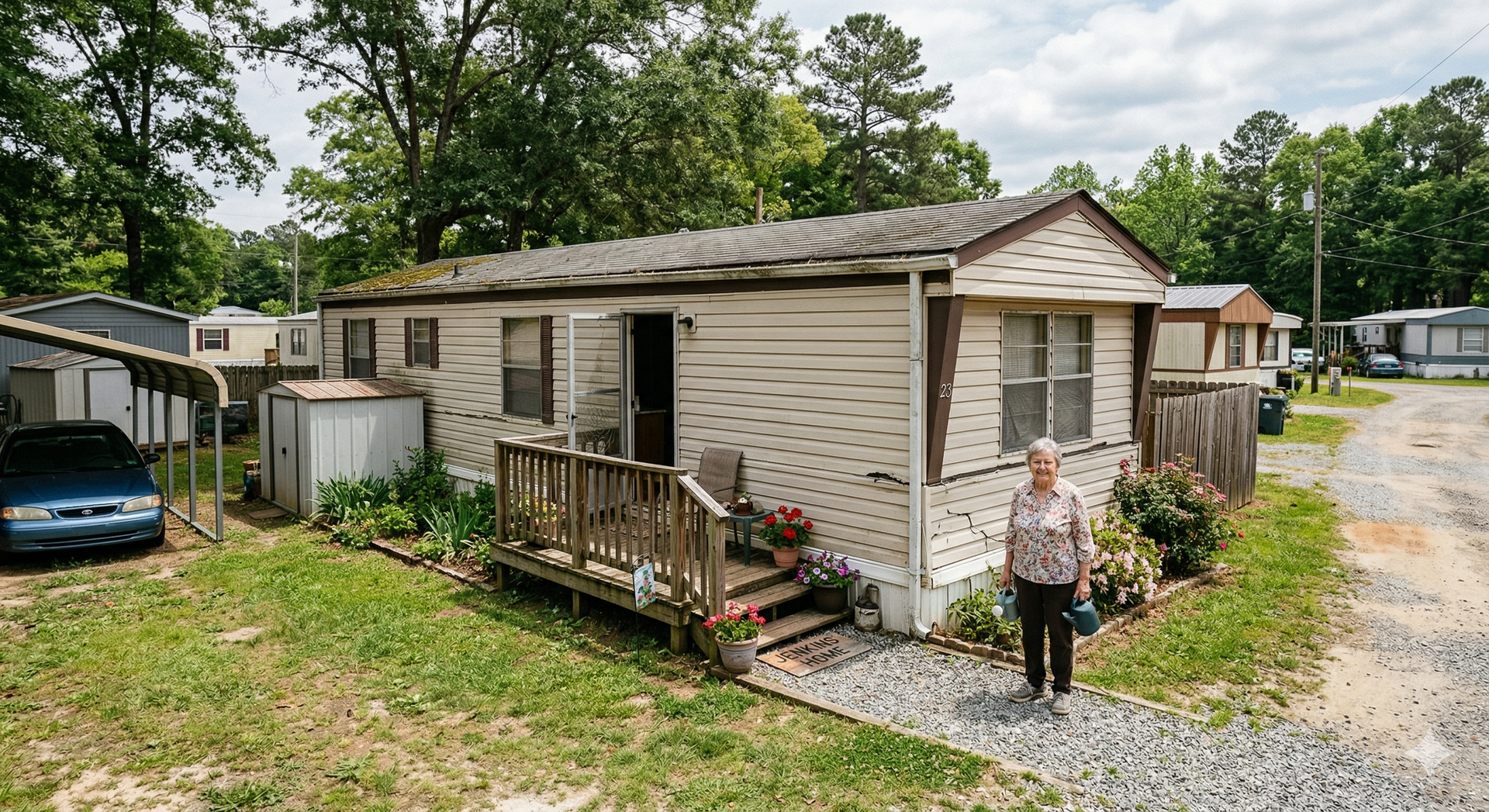 An older person stands on a gravel path in front of a weathered mobile home in a wooded residential area.