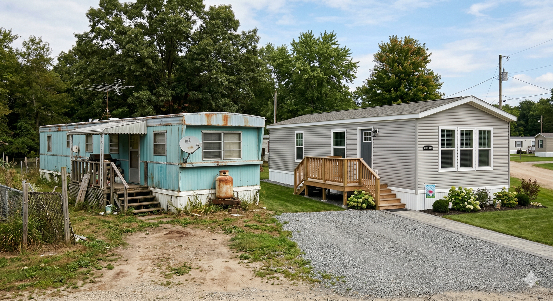 A weathered light blue mobile home sits next to a newer grey manufactured home with a gravel driveway and wooden deck.