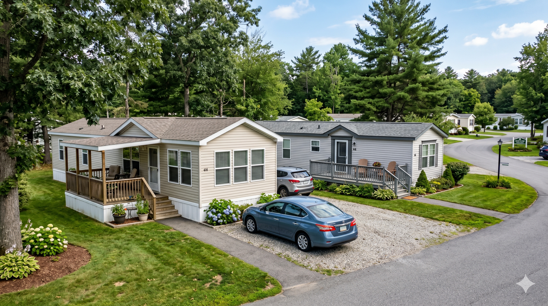 A beige mobile home with a wooden porch and a blue car parked on a gravel driveway in a neighborhood with trees.