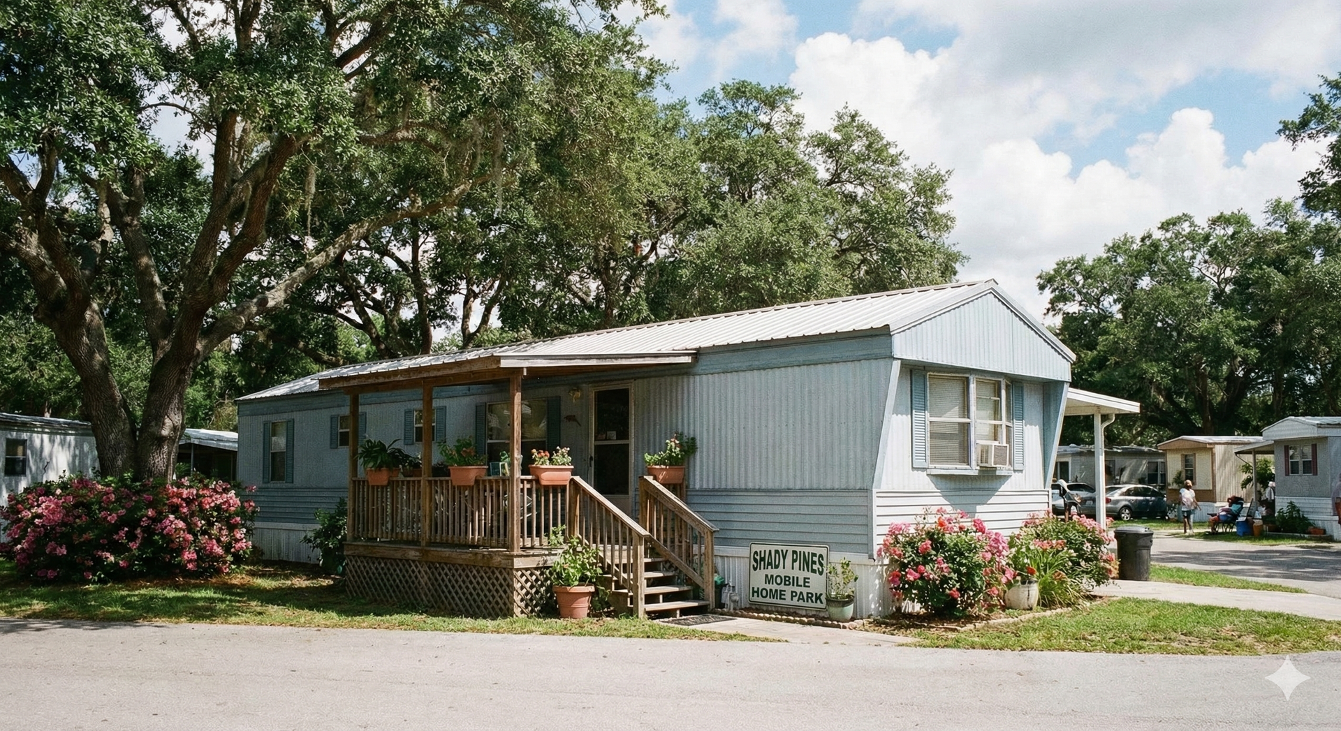 Light blue mobile home with porch, surrounded by trees and other mobile homes on a sunny day.