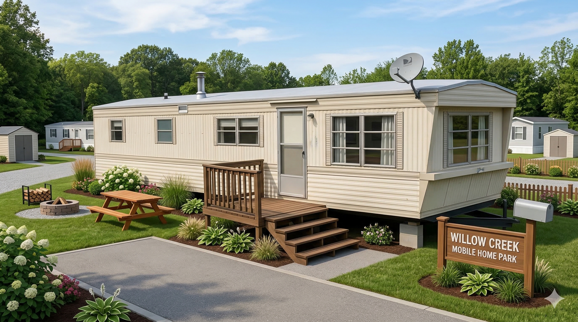 A beige mobile home with a wooden porch, picnic table, and fire pit in a sunny, landscaped residential mobile home park.