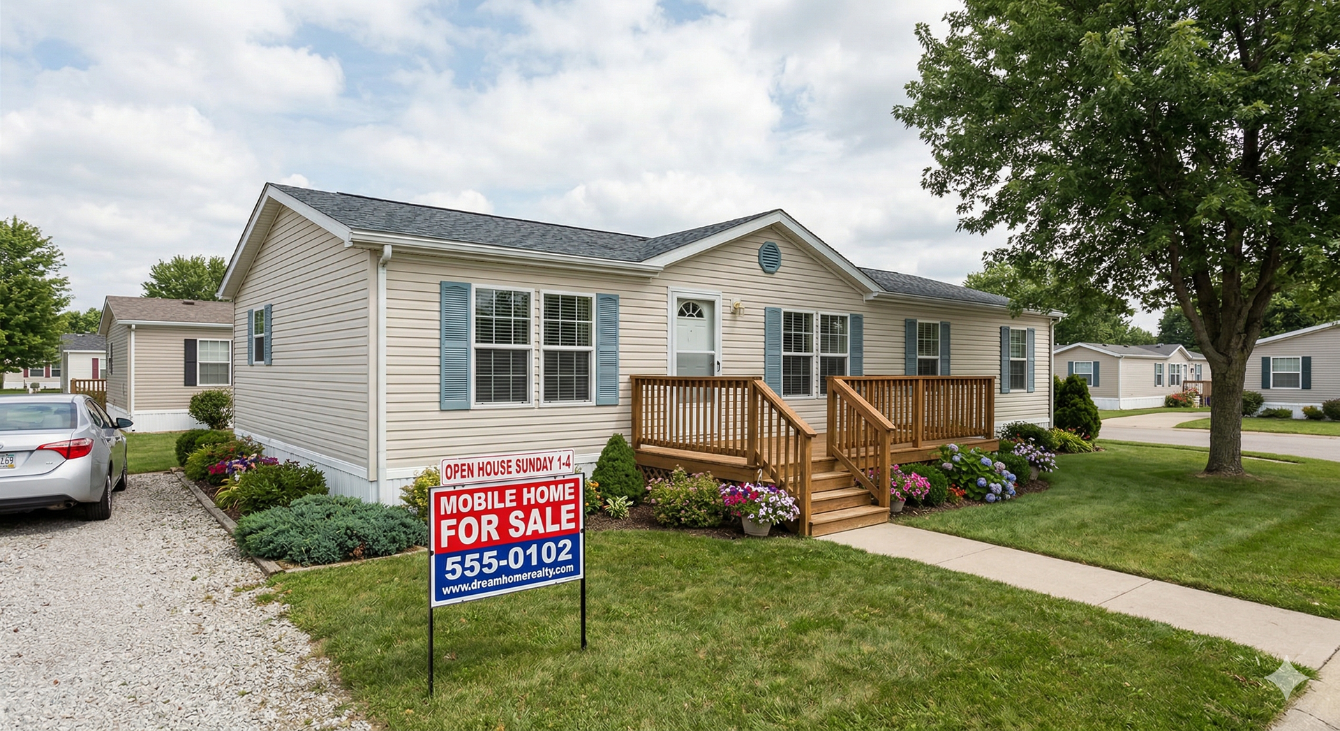 A beige manufactured home for sale with blue shutters, a wooden front deck, and a for-sale sign in the front lawn.