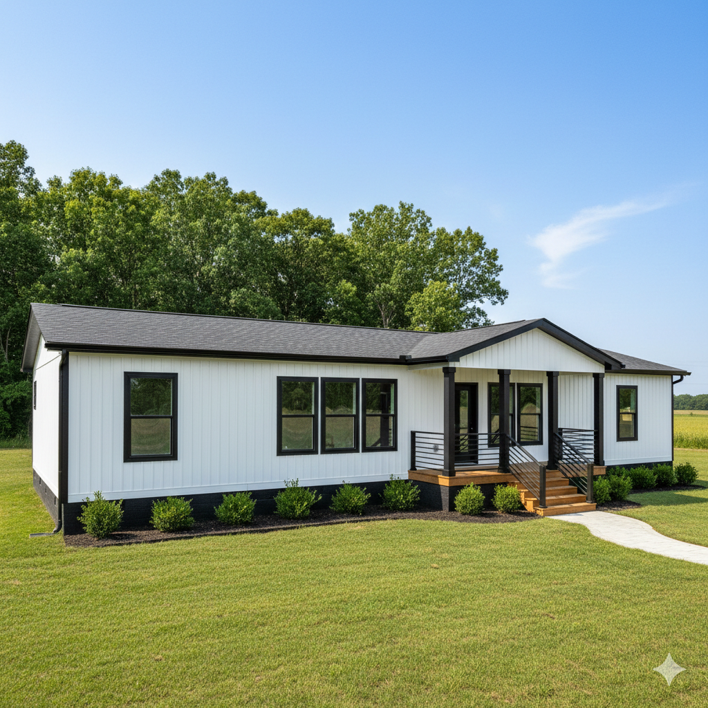 White farmhouse with black trim, porch, and dark roof on green lawn, trees in the background.