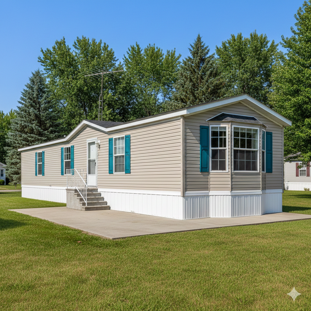 Tan mobile home with teal shutters and bay window, on green lawn.