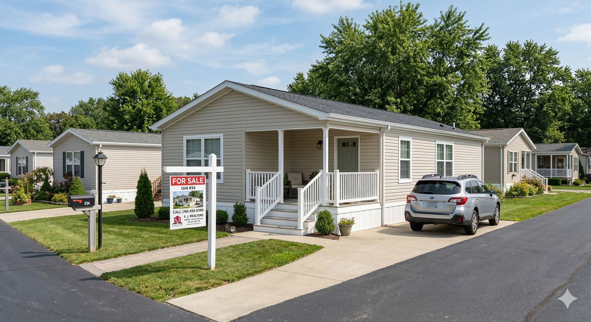 A beige modular home with a porch,
