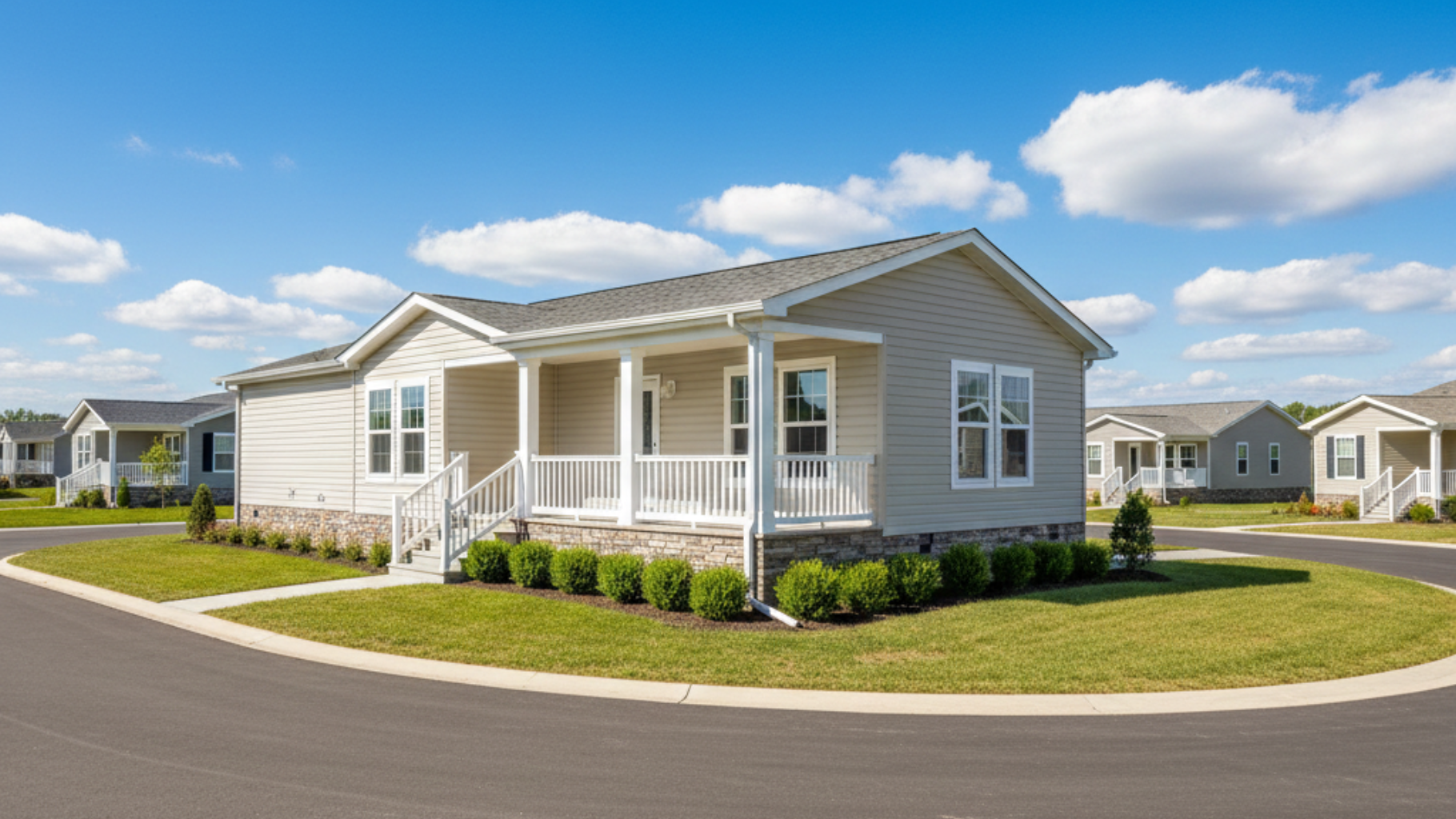 Curb view of a light grey bungalow with white trim, porch, and a stone foundation, on a sunny day.