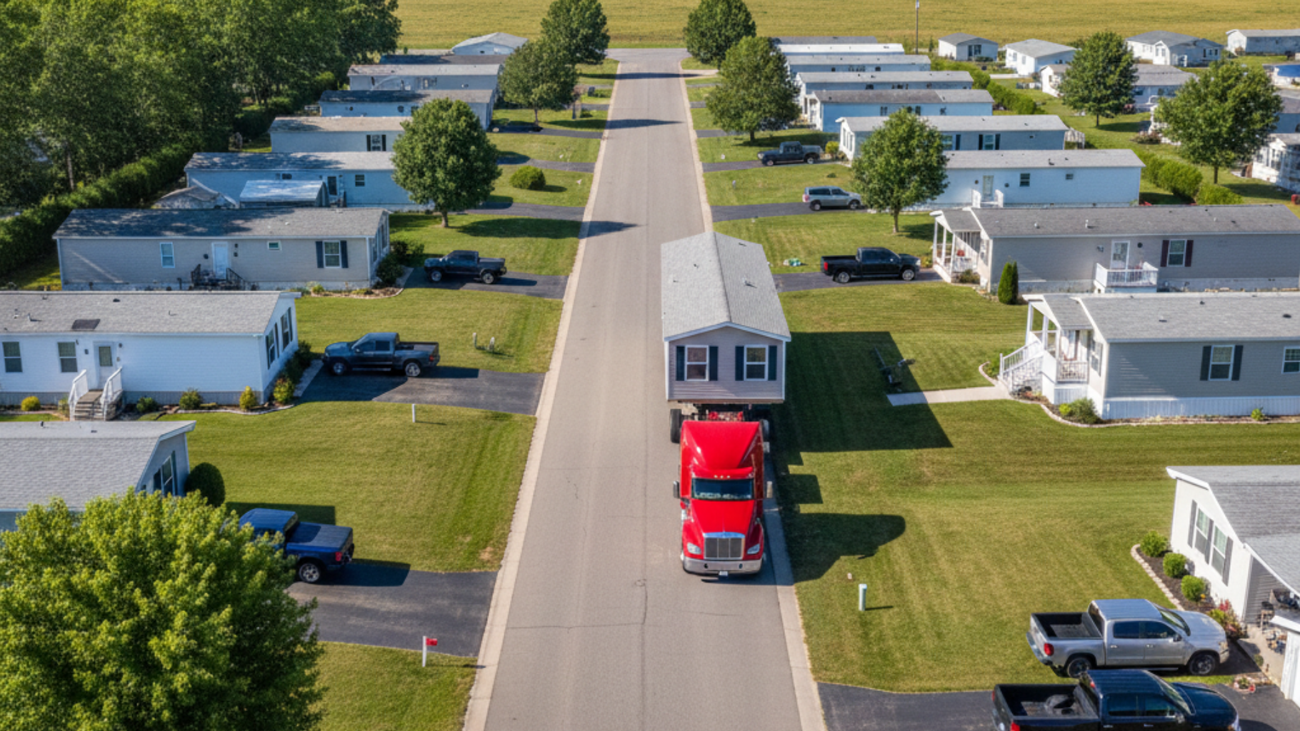A red truck towing a mobile home down a street lined with other mobile homes, blue sky.