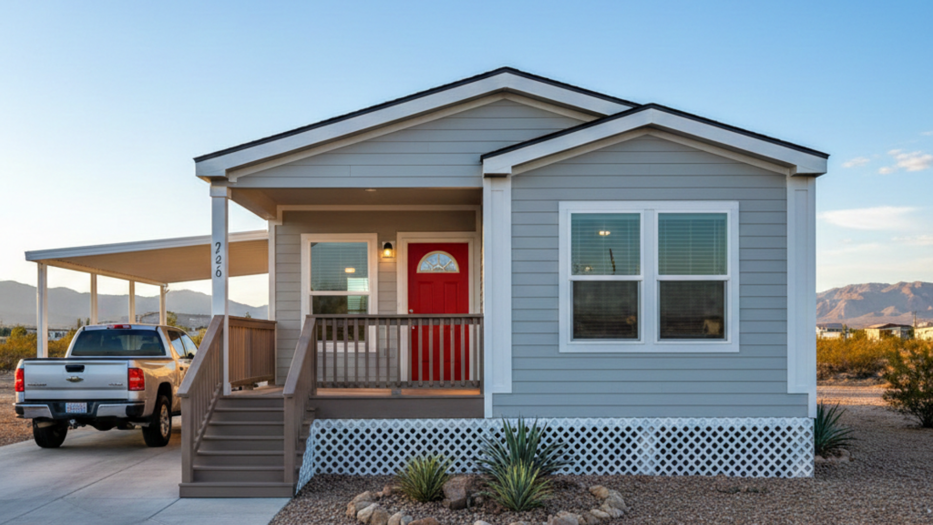 Small blue house with red door, porch, and truck parked in driveway.