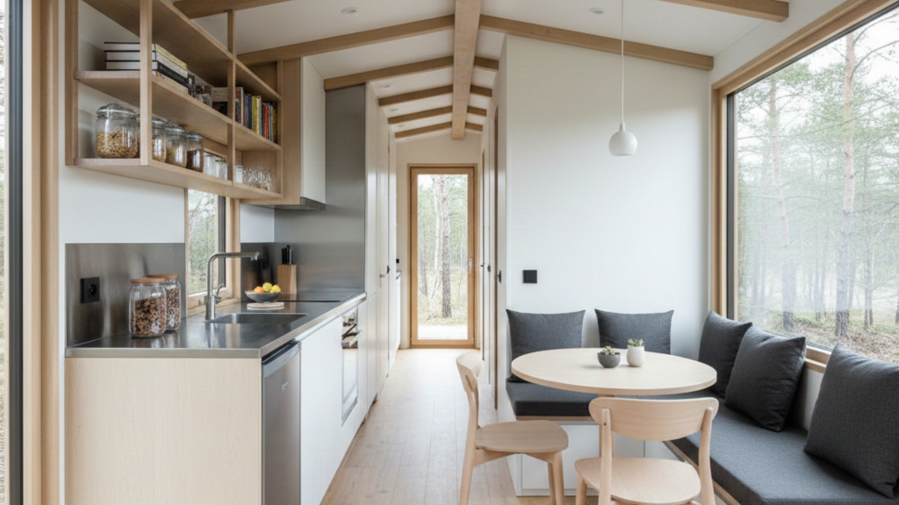 Interior of a modern kitchen and dining area with light wood accents and a windowed wall overlooking trees.