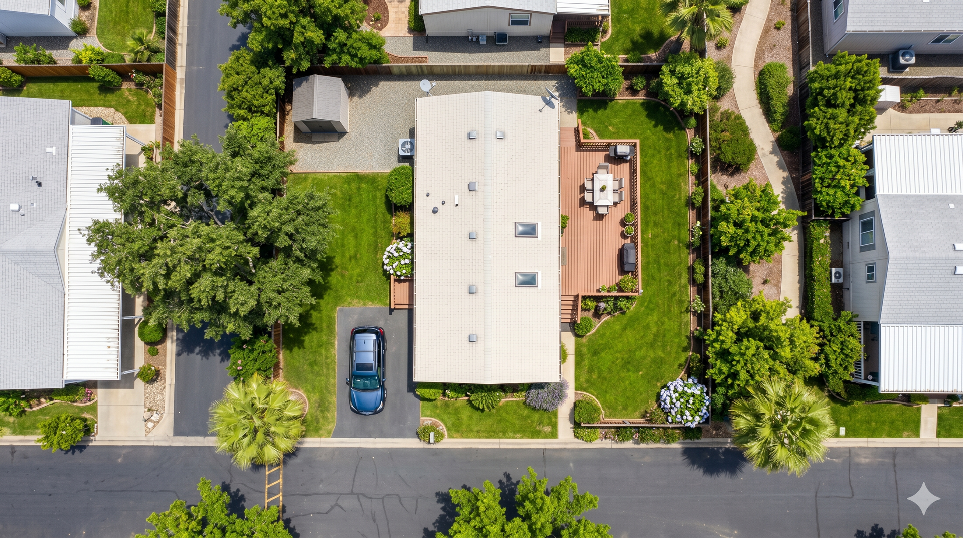 Aerial view of a residential house with a blue car, trees, driveway, and fenced backyard.