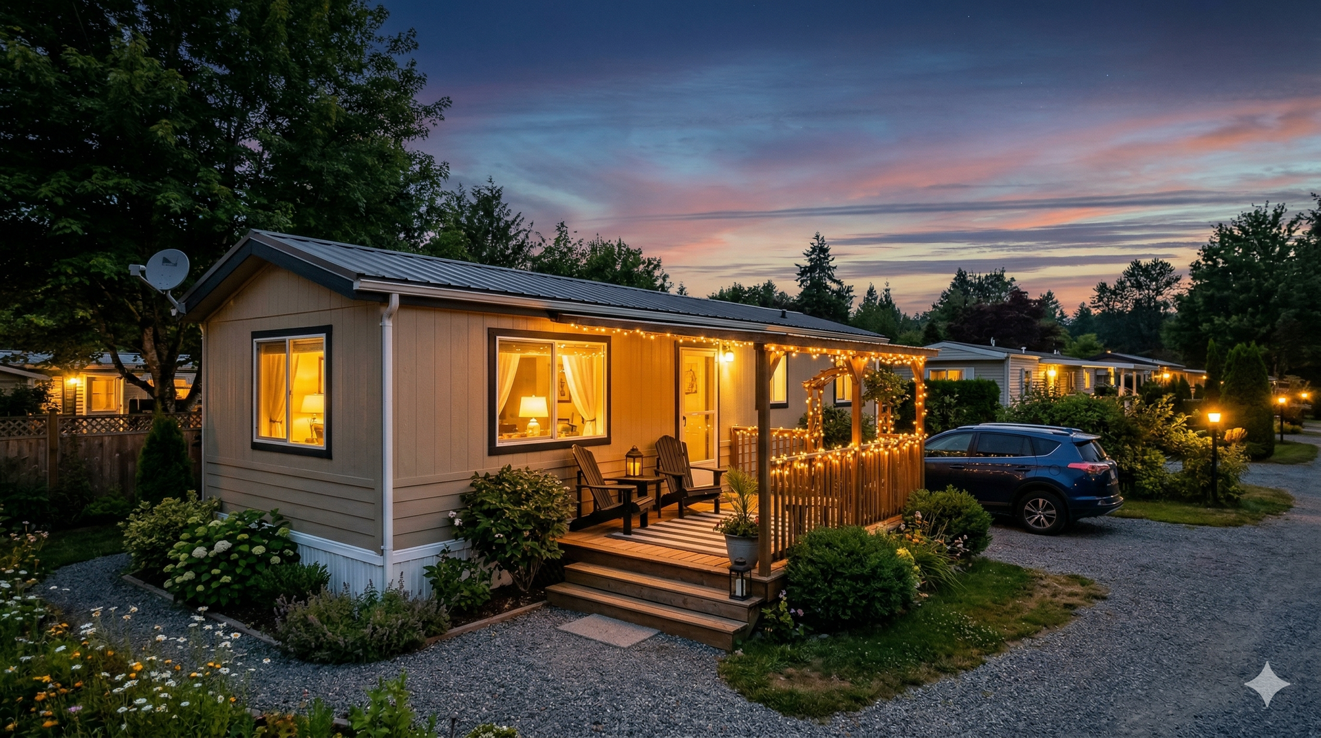A lit-up mobile home with a small porch and deck at dusk, featuring a nearby car and gravel driveway.