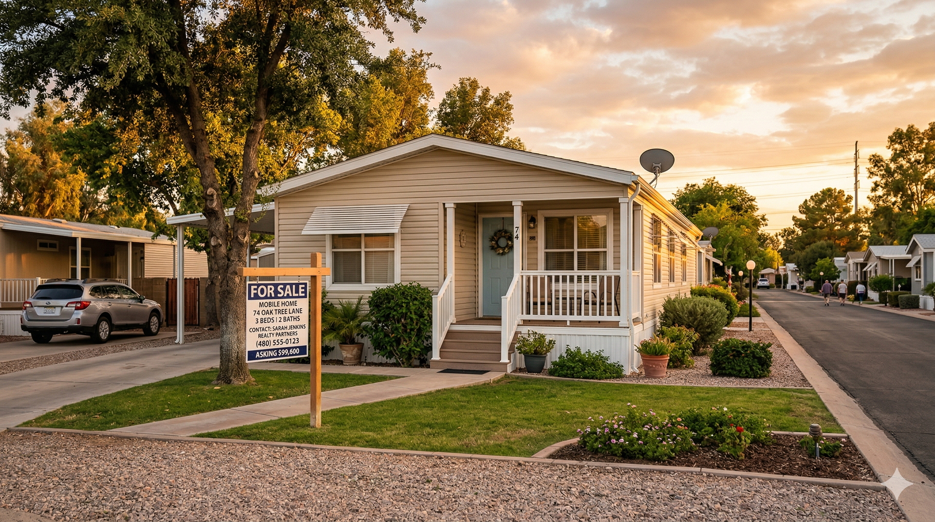 A light-colored mobile home with a white porch and a 