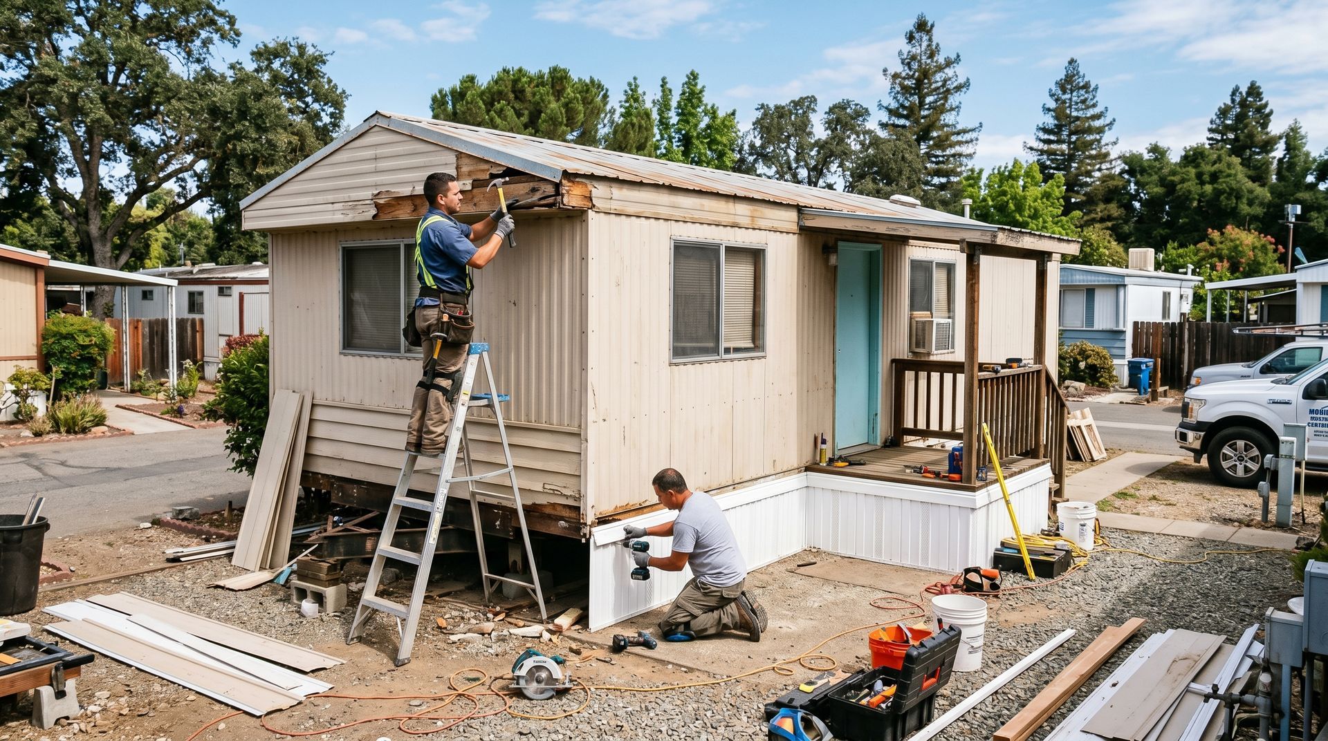 Workers repairing the roof and exterior of a small beige house at a construction site