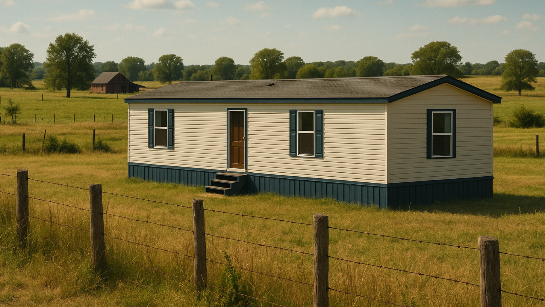 Mobile home in a field with blue trim, brown door, and trees in the background.