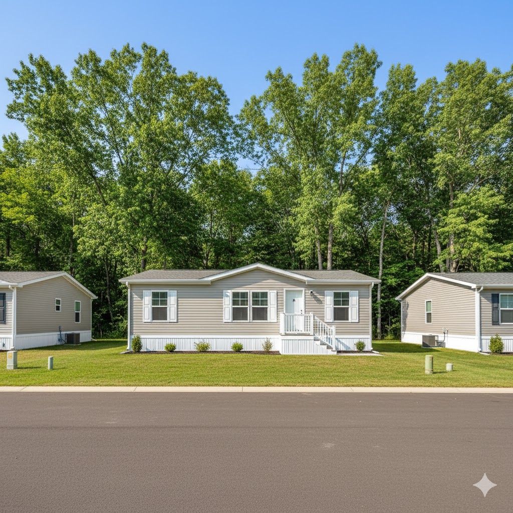 Row of light gray manufactured homes with white trim and a backdrop of green trees under a blue sky.