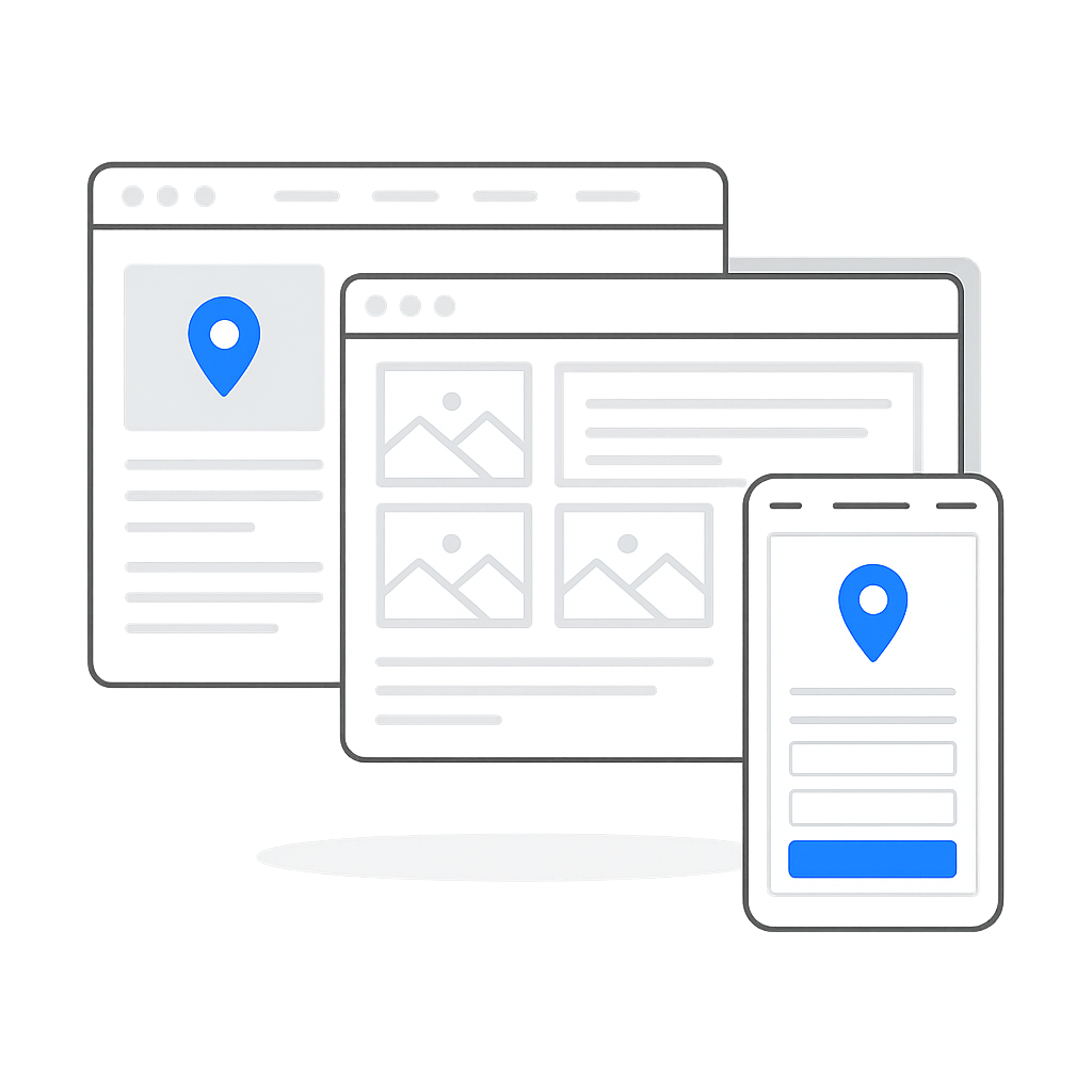 A computer , tablet , and cell phone with a map pin on them.