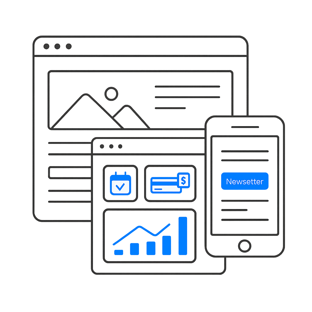 A line drawing of a website , a cell phone , and a tablet.