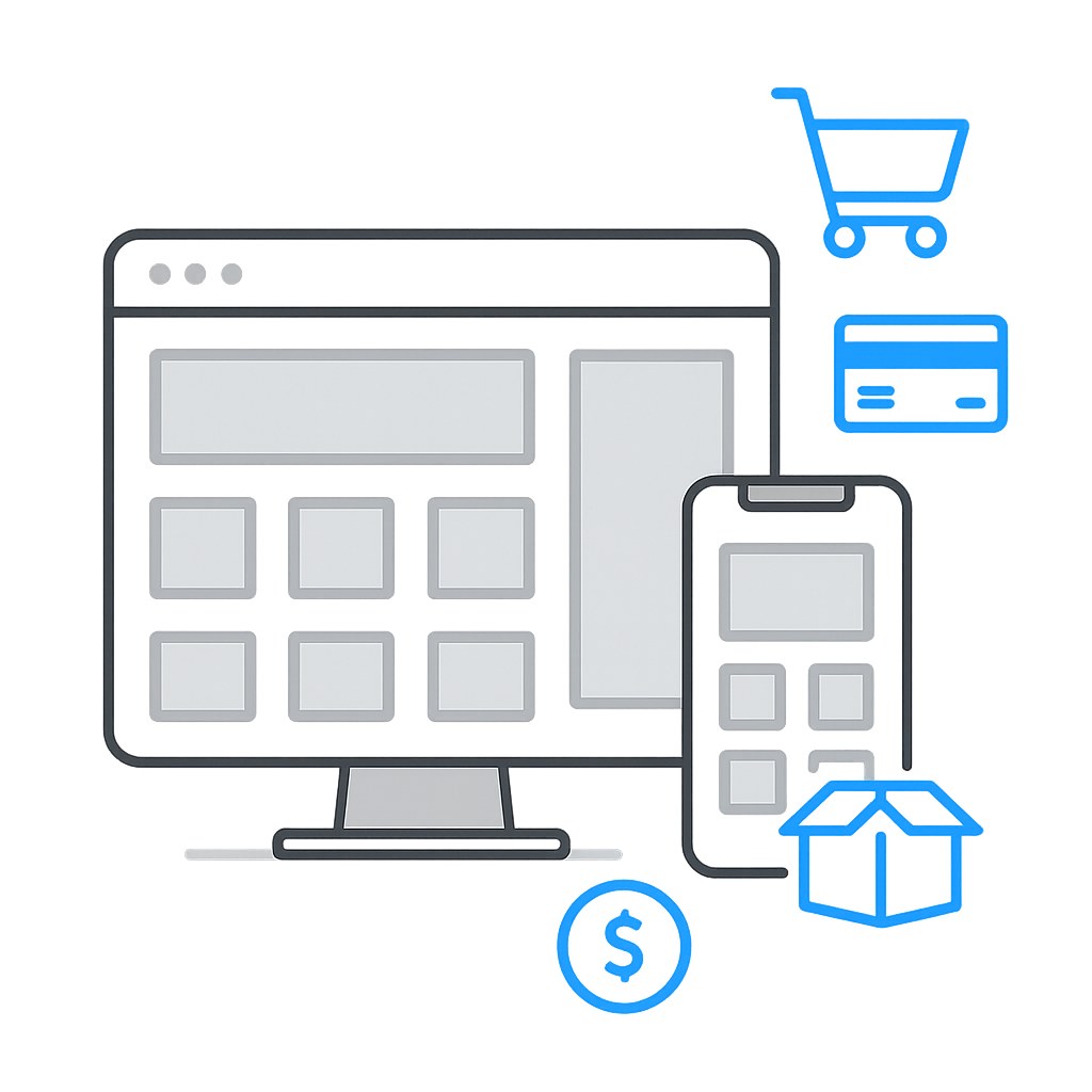 It shows a computer , a cell phone , a credit card , and a box.