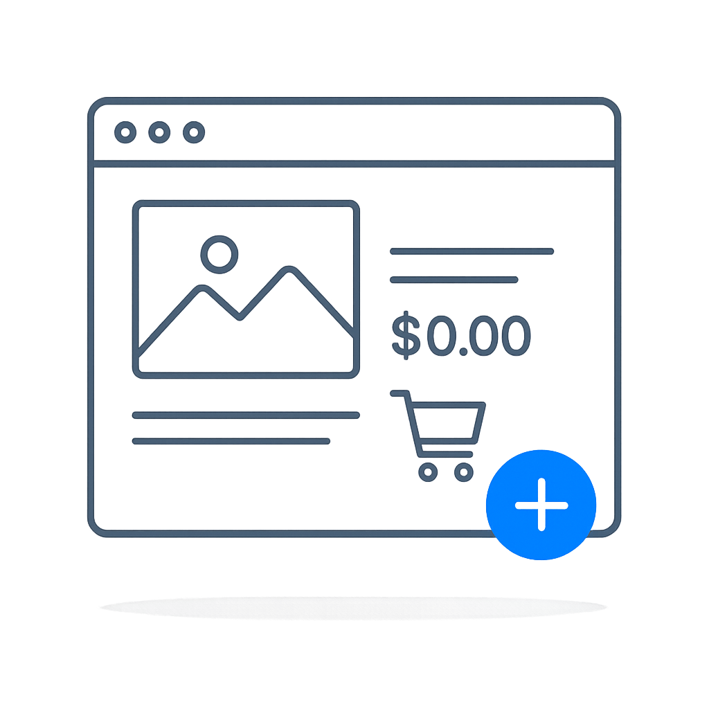 A line drawing of a computer screen with a picture and a shopping cart.