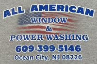 Logo for All American Window & Power Washing, including phone number 609-399-5146 and Ocean City, NJ 08226, over an US flag.