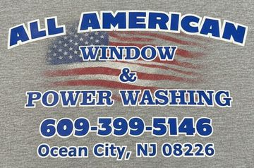 Logo for All American Window & Power Washing, including phone number 609-399-5146 and Ocean City, NJ 08226, over an US flag.