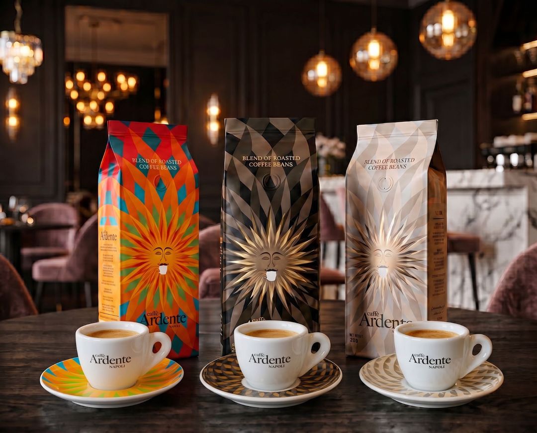 Packaging Design Caffè Ardente Napoli – drei Kaffeeverpackungen mit Espressotassen