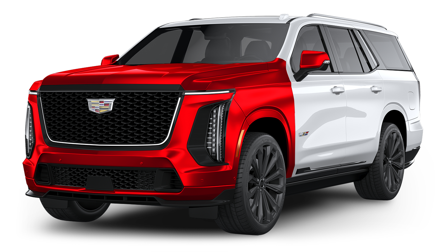 Red and white Cadillac Escalade SUV, showing front and side views.