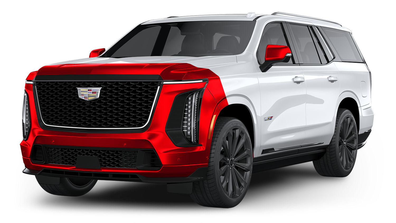 White Cadillac SUV with red front end.