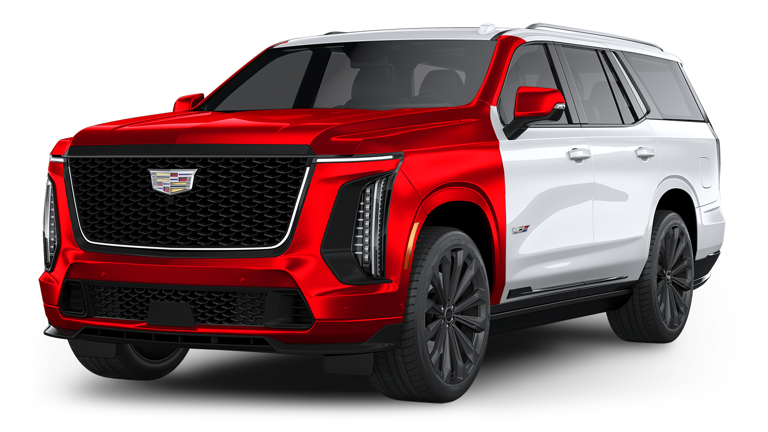 Red and white Cadillac Escalade SUV, with black wheels, and black grille.