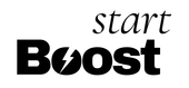 Een zwart-wit logo voor startboost met een bliksemschicht.