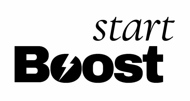 Een zwart-wit logo voor startboost met een bliksemschicht.