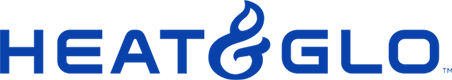 A blue logo for heat & glo with a flame in the middle
