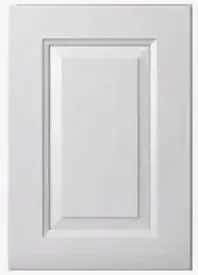 A close up of a white cabinet door on a white background.