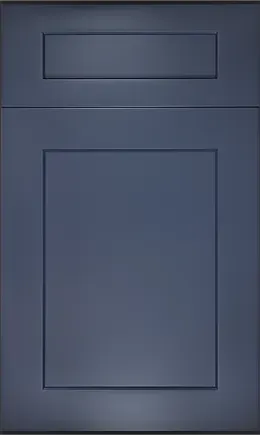 A close up of a blue cabinet door on a white background.