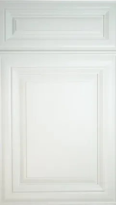 A close up of a white cabinet door on a white background.