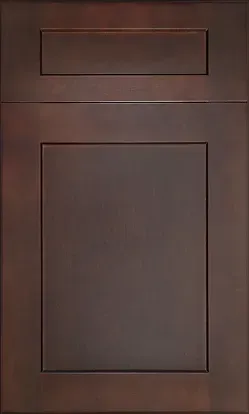 A close up of a brown cabinet door on a white background.