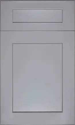 A close up of a gray cabinet door on a white background.
