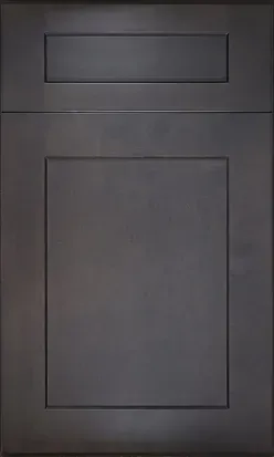 A close up of a black cabinet door on a white background.