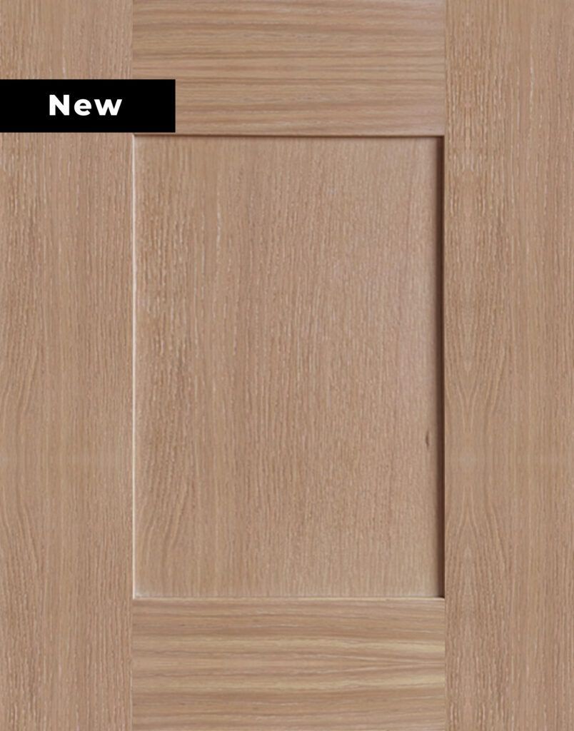 A close up of a wooden door with a black label that says `` new ''.